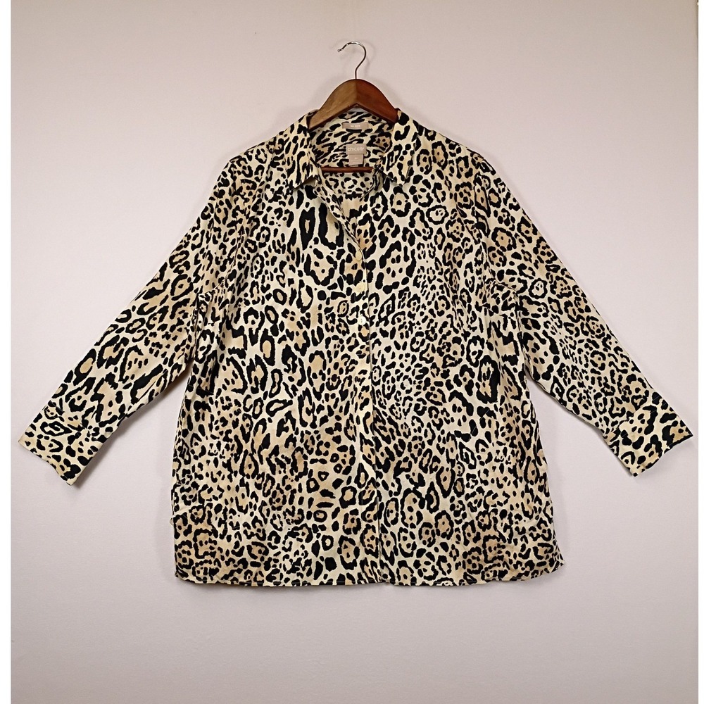 Safari Chic Chicos Womens 3P Tan Black Leopard Print No Iron Button Down Shirt